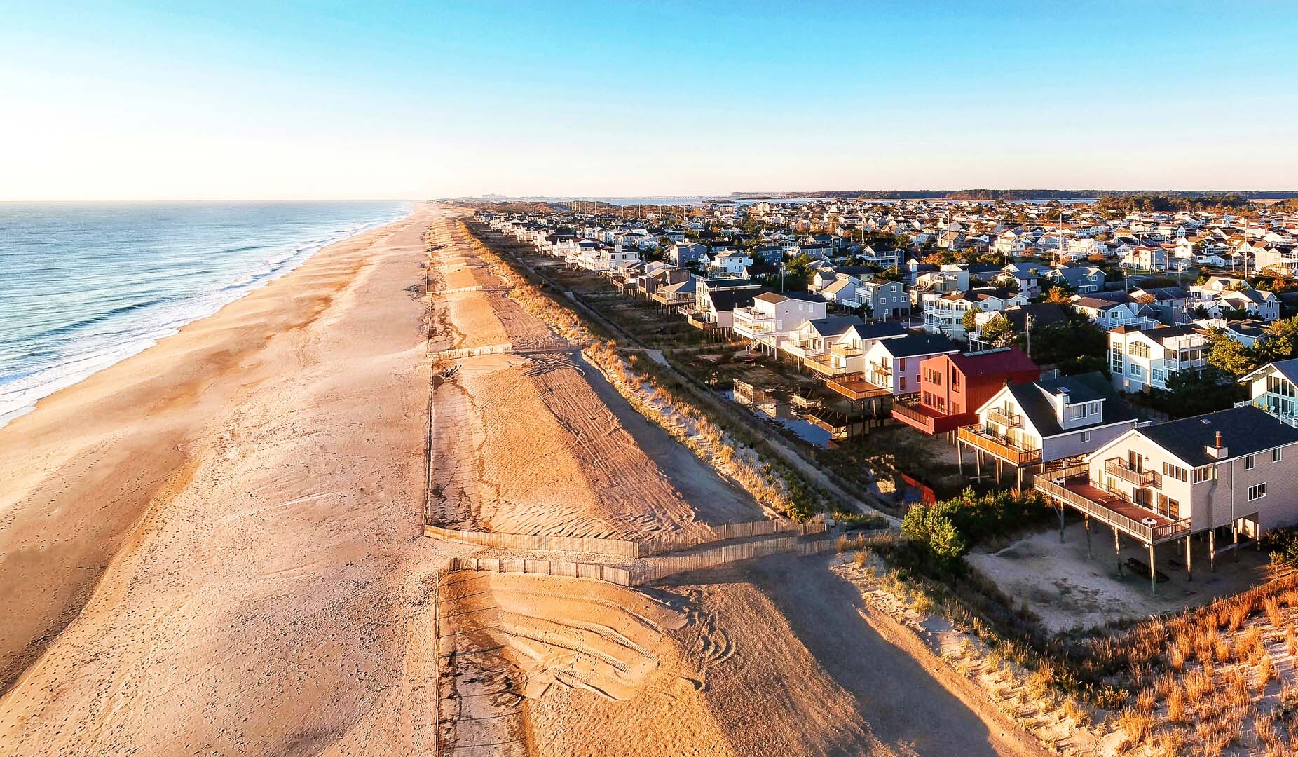 Drone view of South Bethany Beach Delaware and dune line constructed by The Army Corps of Engineers